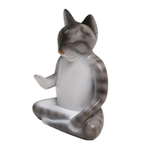 Alternate image for Wood Meditating Cat Sculpture in Grey and White from Bali Nirvana Kitty