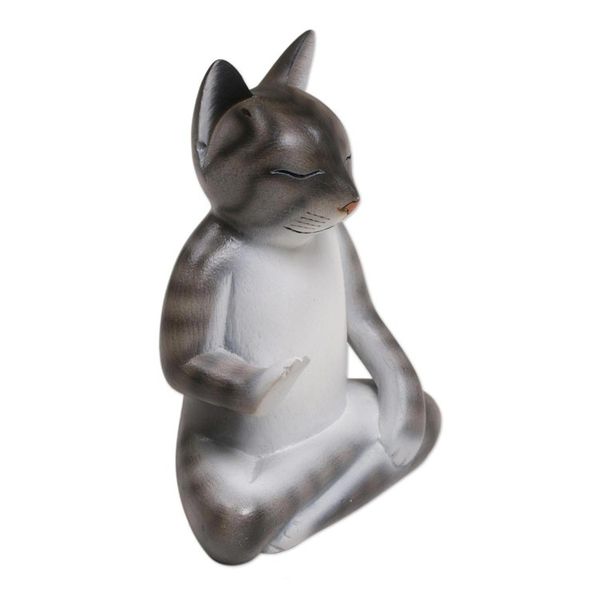 Alternate image for Wood Meditating Cat Sculpture in Grey and White from Bali Nirvana Kitty