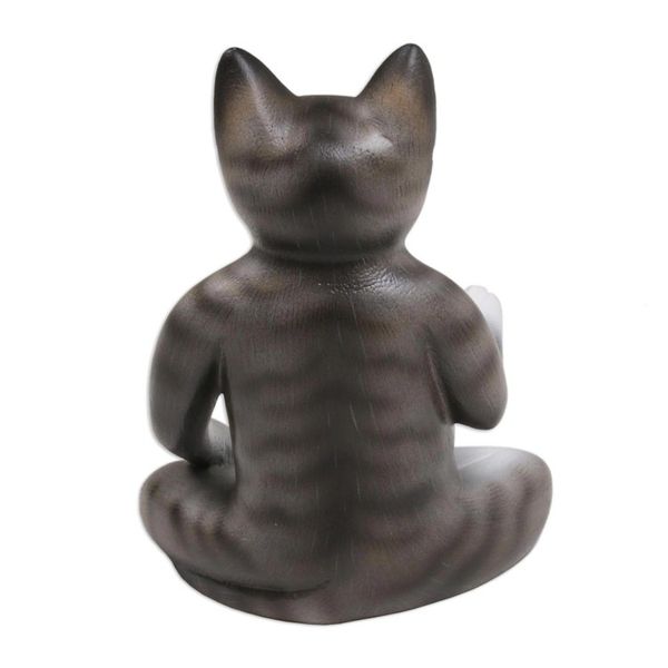 Alternate image for Wood Meditating Cat Sculpture in Grey and White from Bali Nirvana Kitty