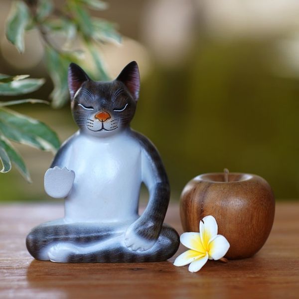 Alternate image for Wood Meditating Cat Sculpture in Grey and White from Bali Nirvana Kitty