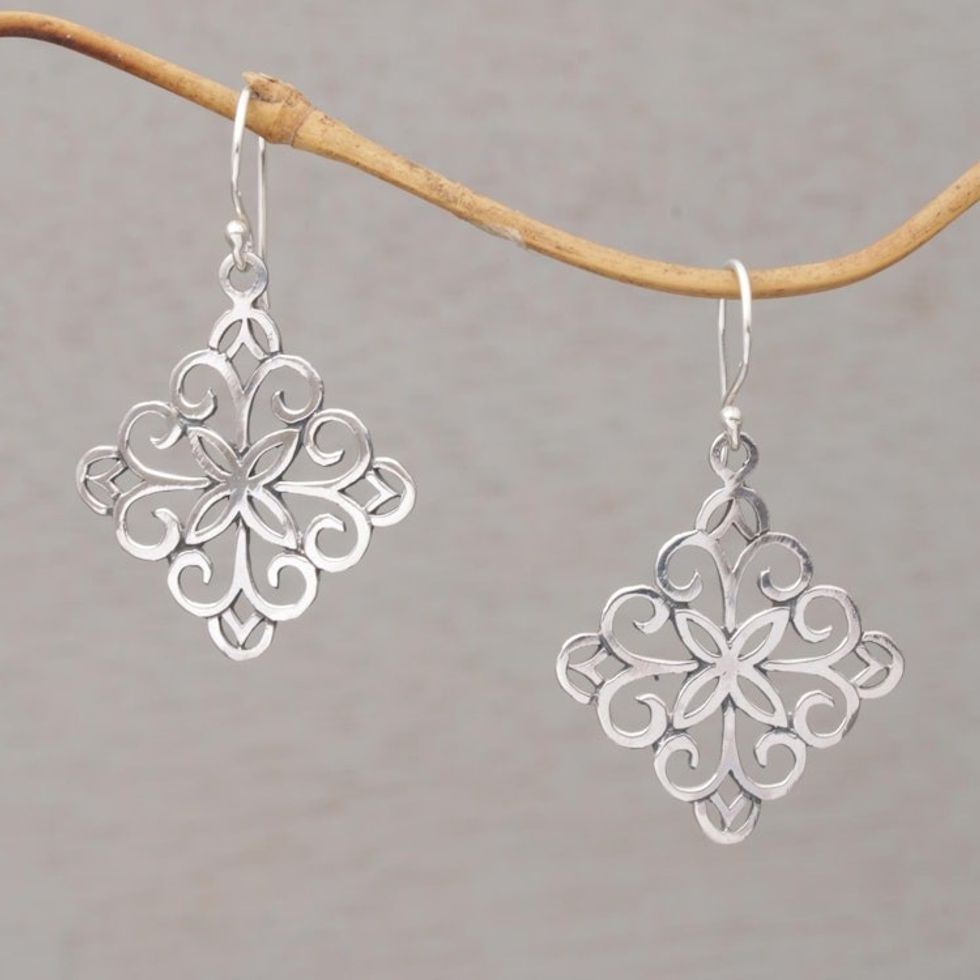 Sterling Silver Spiral Motif Dangle Earrings from Bali 'Vine Wall'