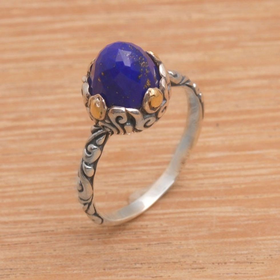 Lapis Lazuli Sterling Silver Ring with Gold Accents 'Majestic Bloom'