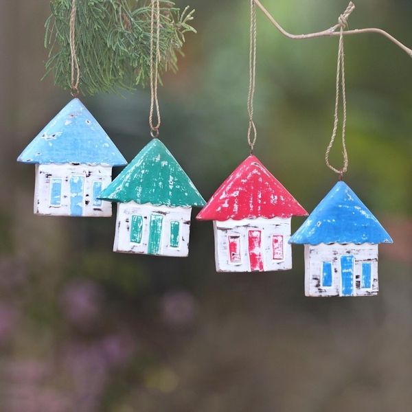 Alternate image for Four Albesia Wood Distressed House Ornaments from Bali Festive Home
