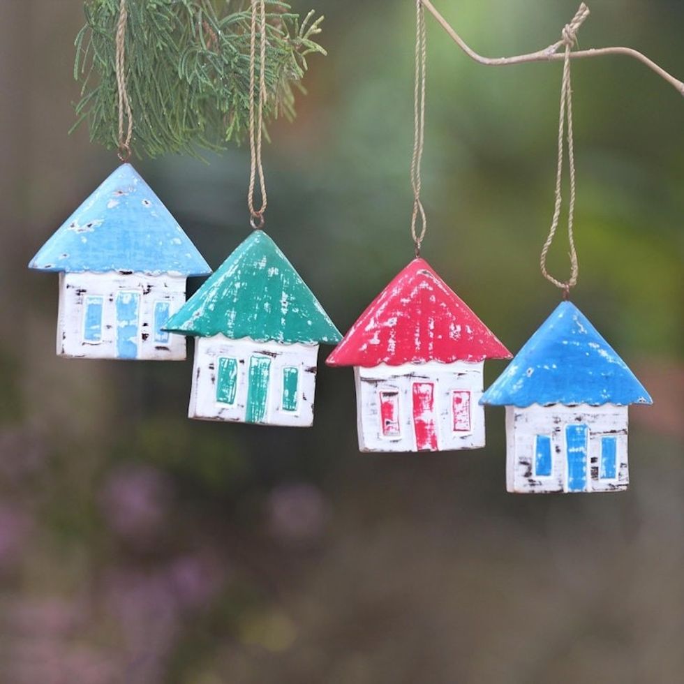 Four Albesia Wood Distressed House Ornaments from Bali 'Festive Home'