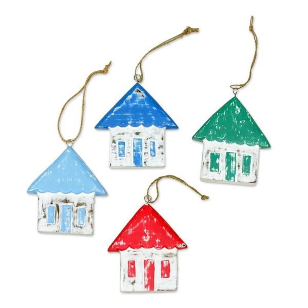 Alternate image for Four Albesia Wood Distressed House Ornaments from Bali Festive Home