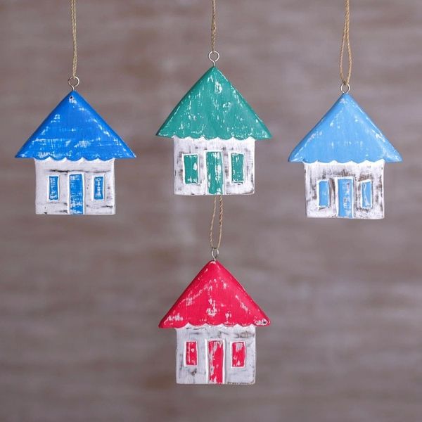Alternate image for Four Albesia Wood Distressed House Ornaments from Bali Festive Home