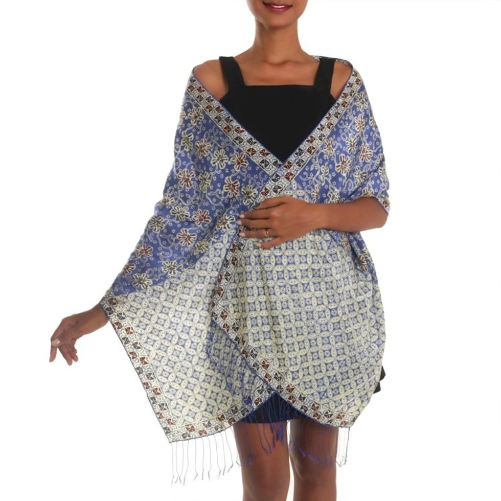 Batik Silk Shawl with Indigo Floral Motifs from Bali 'Kawung Azaleas in Indigo'