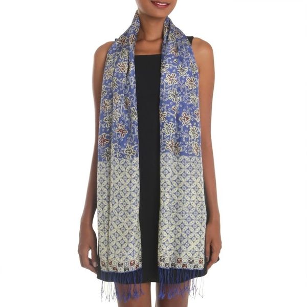 Alternate image for Batik Silk Shawl with Indigo Floral Motifs from Bali Kawung Azaleas in Indigo
