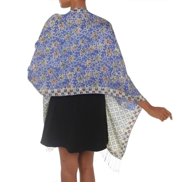 Alternate image for Batik Silk Shawl with Indigo Floral Motifs from Bali Kawung Azaleas in Indigo