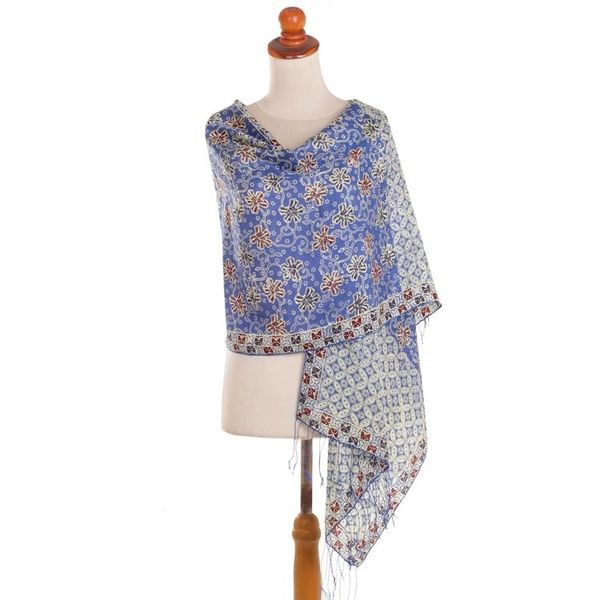 Alternate image for Batik Silk Shawl with Indigo Floral Motifs from Bali Kawung Azaleas in Indigo