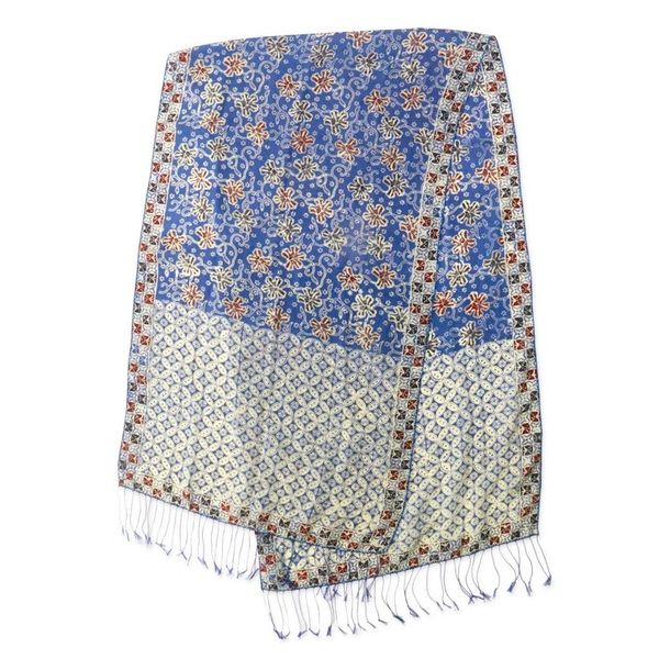 Alternate image for Batik Silk Shawl with Indigo Floral Motifs from Bali Kawung Azaleas in Indigo
