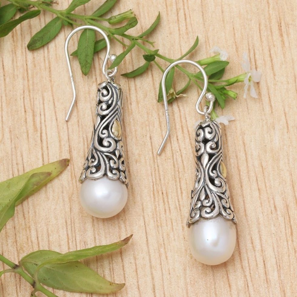 Gold Accent Cultured Pearl Dangle Earrings from Bali 'Dazzling Swirls'