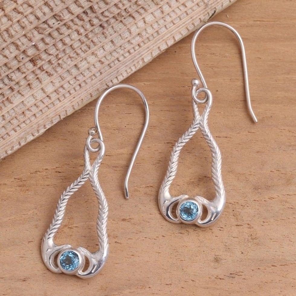 Blue Topaz and 925 Silver Snake Dangle Earrings from Bali 'Serpentine Talismans'