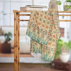 Image for Batik Silk Shawl with Multicolored Floral Motifs from Bali Ceplok Petals in Moss Green