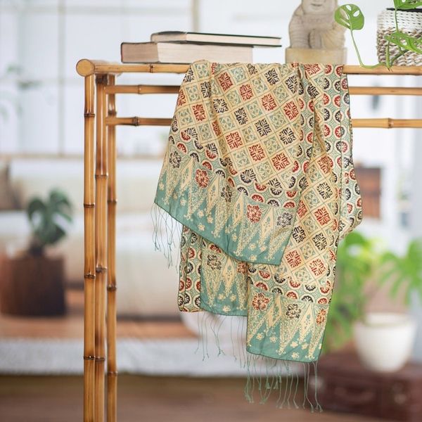 Alternate image for Batik Silk Shawl with Multicolored Floral Motifs from Bali Ceplok Petals in Moss Green