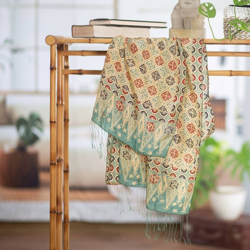 Batik Silk Shawl with Multicolored Floral Motifs from Bali 'Ceplok Petals in Moss Green'