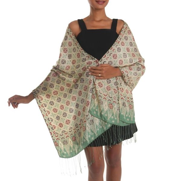 Alternate image for Batik Silk Shawl with Multicolored Floral Motifs from Bali Ceplok Petals in Moss Green