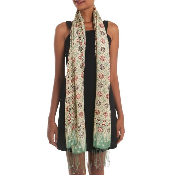 Alternate image for Batik Silk Shawl with Multicolored Floral Motifs from Bali Ceplok Petals in Moss Green