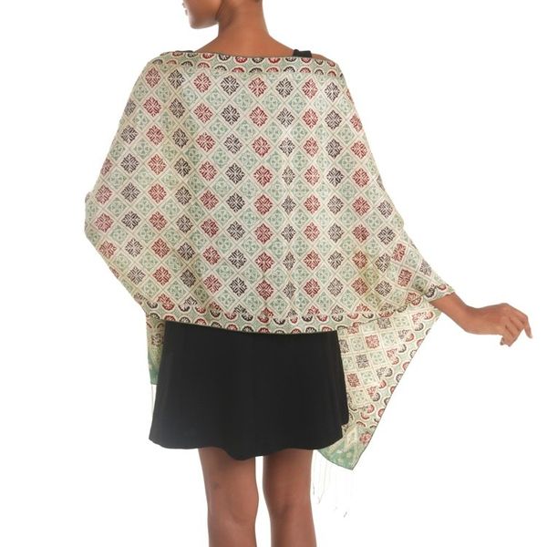 Alternate image for Batik Silk Shawl with Multicolored Floral Motifs from Bali Ceplok Petals in Moss Green