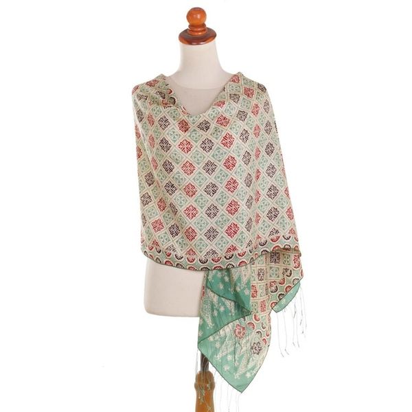 Alternate image for Batik Silk Shawl with Multicolored Floral Motifs from Bali Ceplok Petals in Moss Green