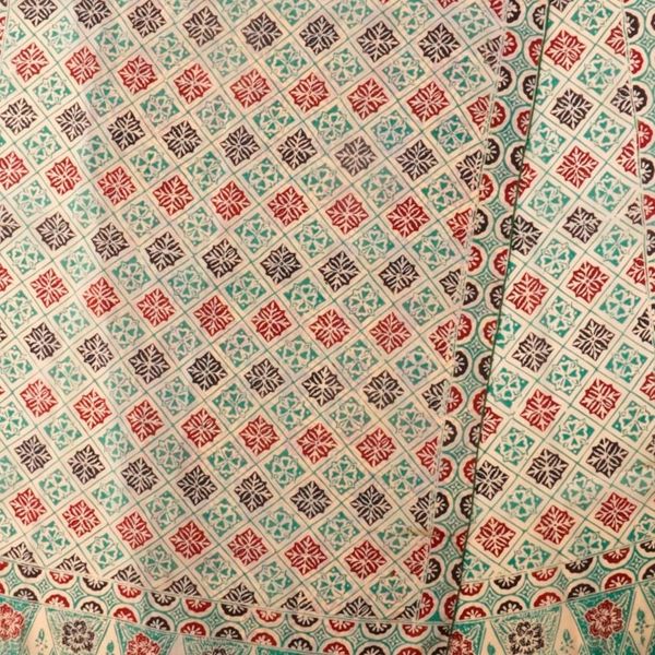 Alternate image for Batik Silk Shawl with Multicolored Floral Motifs from Bali Ceplok Petals in Moss Green