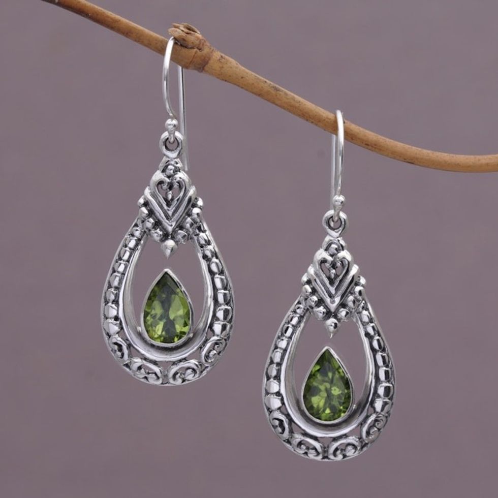 Peridot and Sterling Silver Dangle Earrings from Indonesia 'Dewdrop Temple'