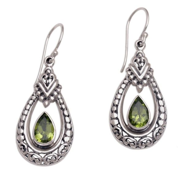 Alternate image for Peridot and Sterling Silver Dangle Earrings from Indonesia Dewdrop Temple