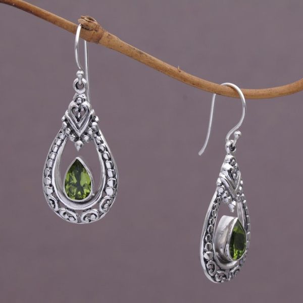 Alternate image for Peridot and Sterling Silver Dangle Earrings from Indonesia Dewdrop Temple