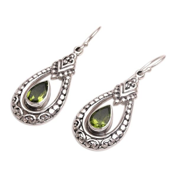 Alternate image for Peridot and Sterling Silver Dangle Earrings from Indonesia Dewdrop Temple