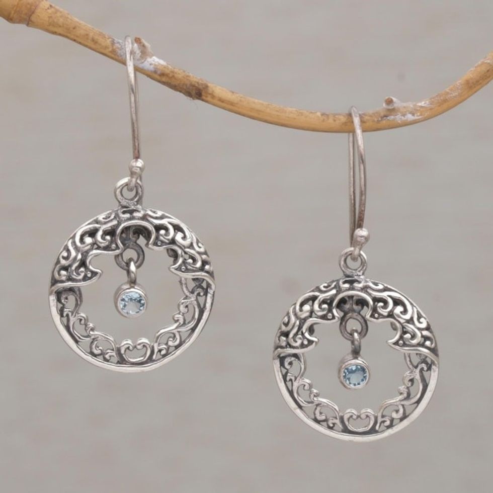 Blue Topaz Balinese Earrings Handcrafted of Sterling Silver 'Uluwatu Moon'