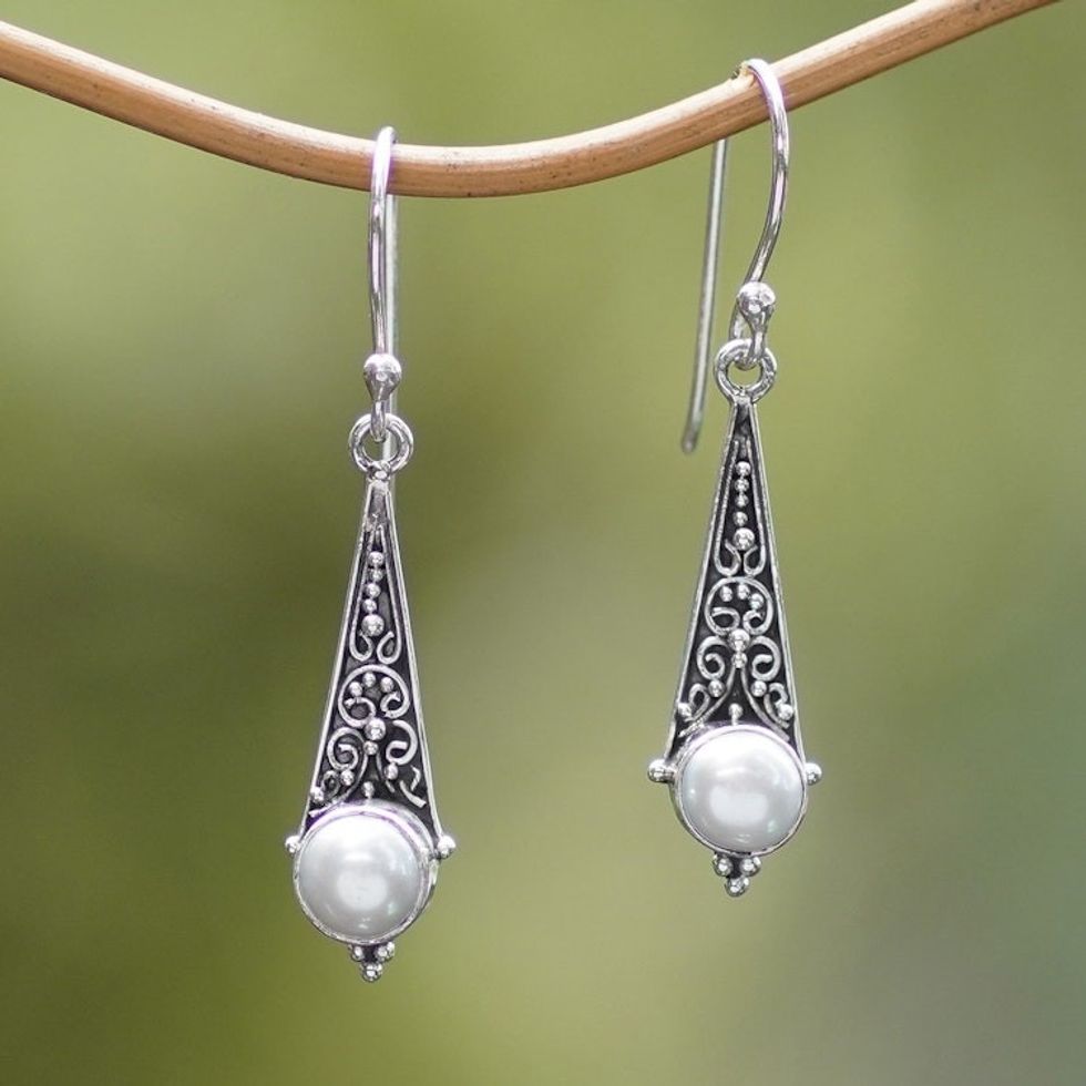Cultured Mabe Pearl Dangle Earrings Crafted in Bali 'Triangular Moons'