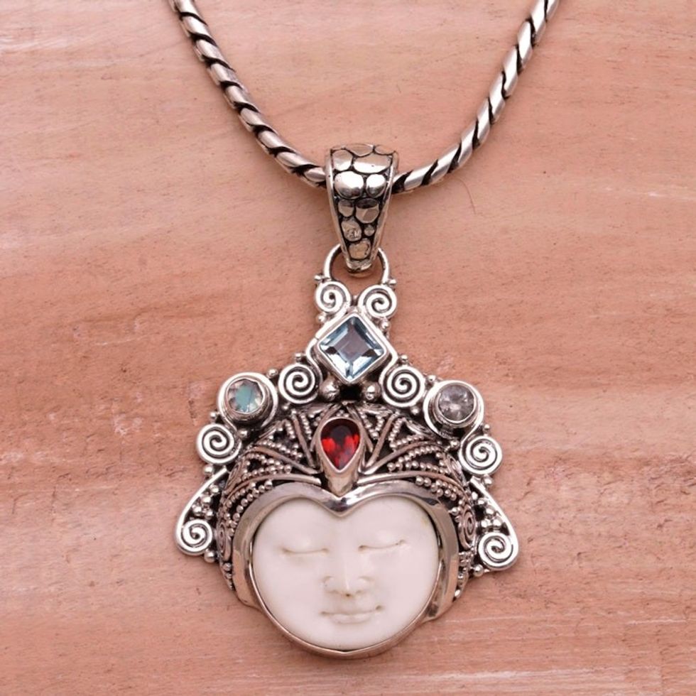 Blue Topaz and Garnet Face Pendant Necklace from Bali 'Diamond Warrior'