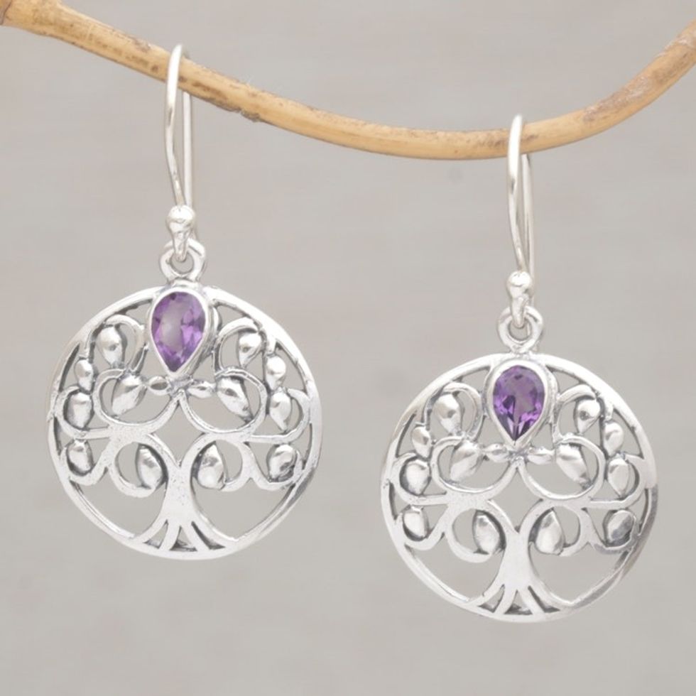 Balinese Amethyst and Sterling Silver Tree Dangle Earrings 'Banyan Beauty'
