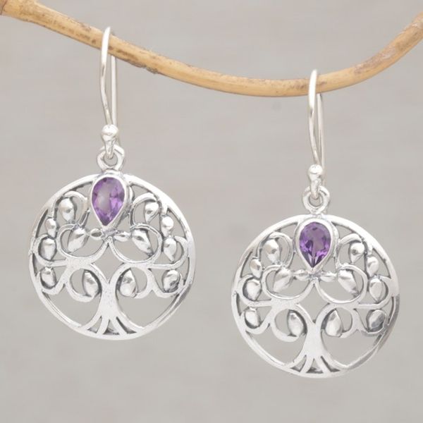 Alternate image for Balinese Amethyst and Sterling Silver Tree Dangle Earrings Banyan Beauty