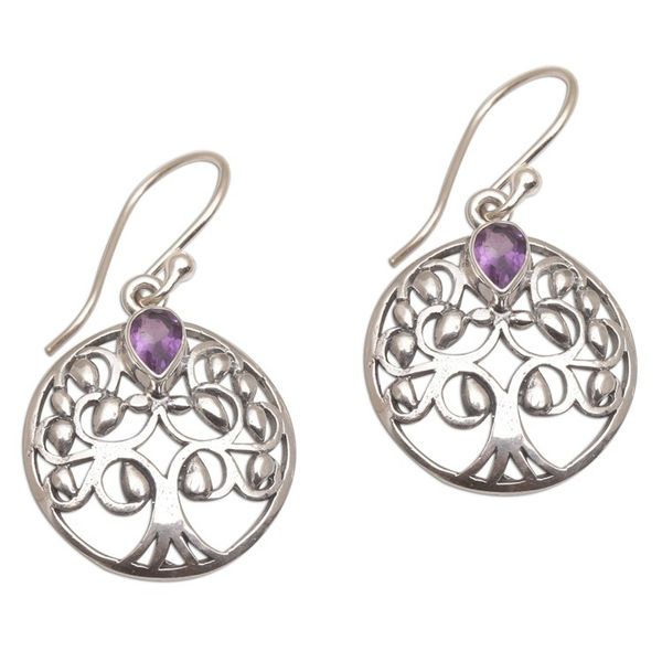 Alternate image for Balinese Amethyst and Sterling Silver Tree Dangle Earrings Banyan Beauty