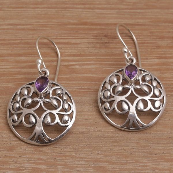 Alternate image for Balinese Amethyst and Sterling Silver Tree Dangle Earrings Banyan Beauty