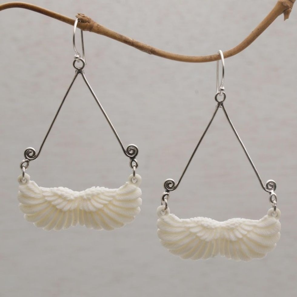 Bone and Sterling Silver Wing Dangle Earrings from Bali 'Fly Home'