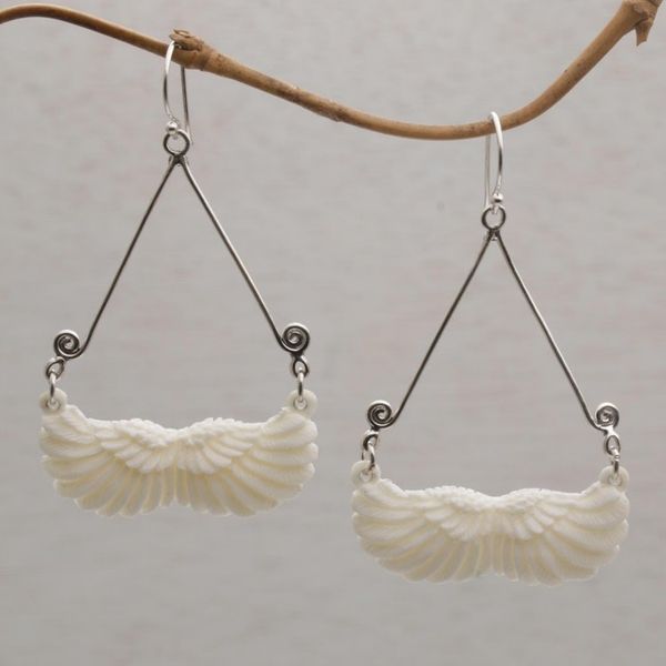 Alternate image for Bone and Sterling Silver Wing Dangle Earrings from Bali Fly Home