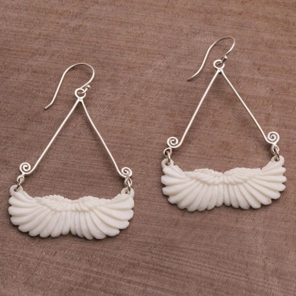 Alternate image for Bone and Sterling Silver Wing Dangle Earrings from Bali Fly Home