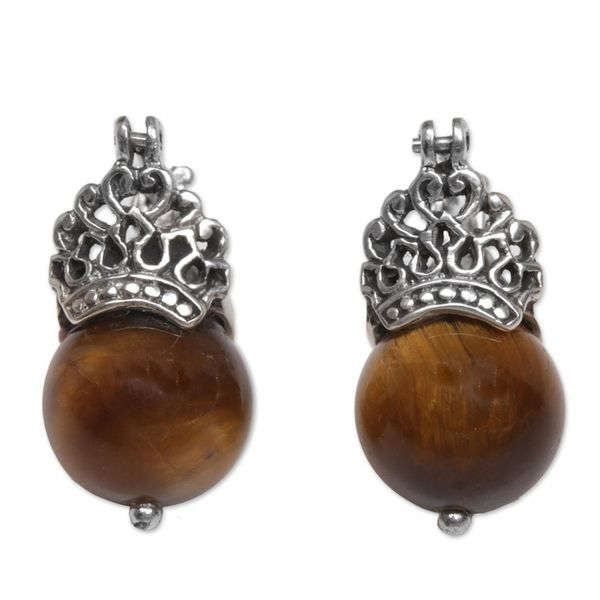 Alternate image for Sterling Silver and Tigers Eye Earrings Crafted by Hand Bali Majesty