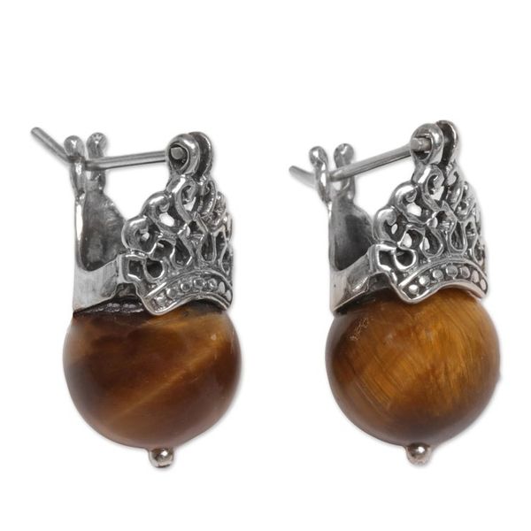 Alternate image for Sterling Silver and Tigers Eye Earrings Crafted by Hand Bali Majesty