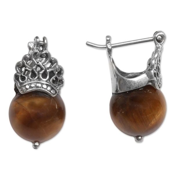 Alternate image for Sterling Silver and Tigers Eye Earrings Crafted by Hand Bali Majesty