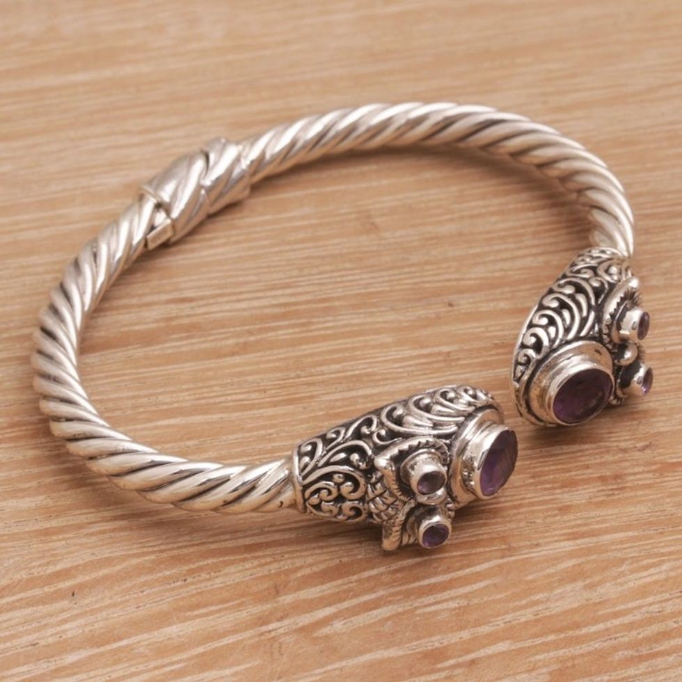 Handmade Amethyst 925 Sterling Silver Cuff Bracelet 'Wandering Eyes'
