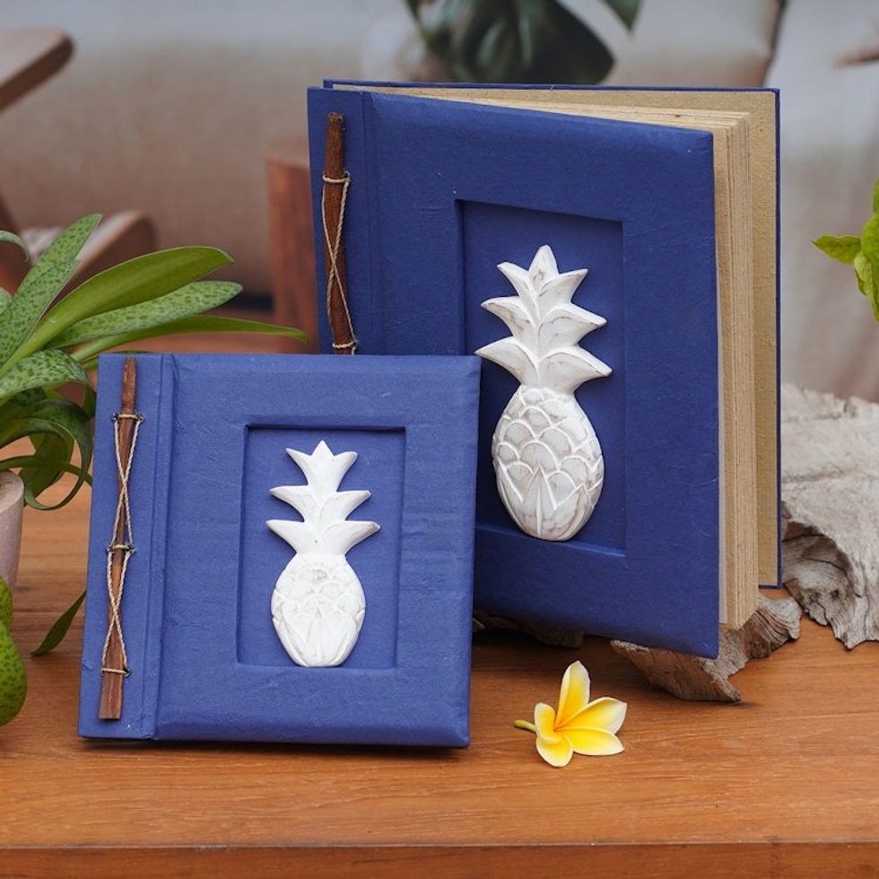 Two Albesia Wood Indonesian Pineapple Photo Albums in Blue 'Pineapple Dreams in Blue'