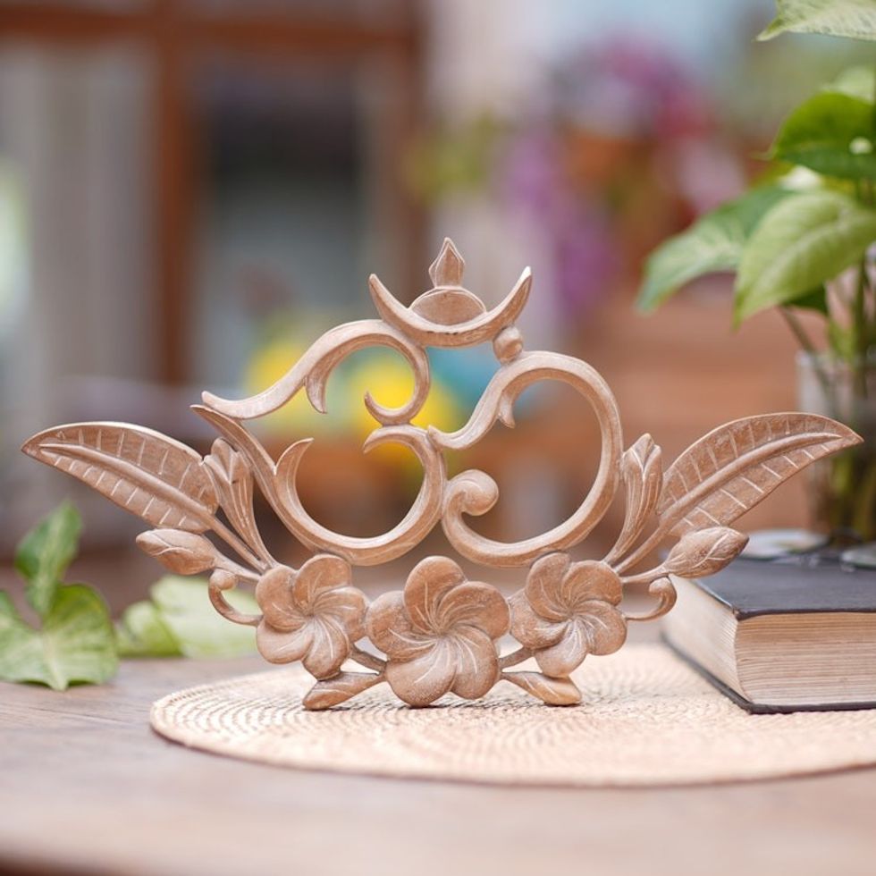 Handcrafted Suar Wood Floral Leafy Om Relief Panel from Bali 'Verdant Om'