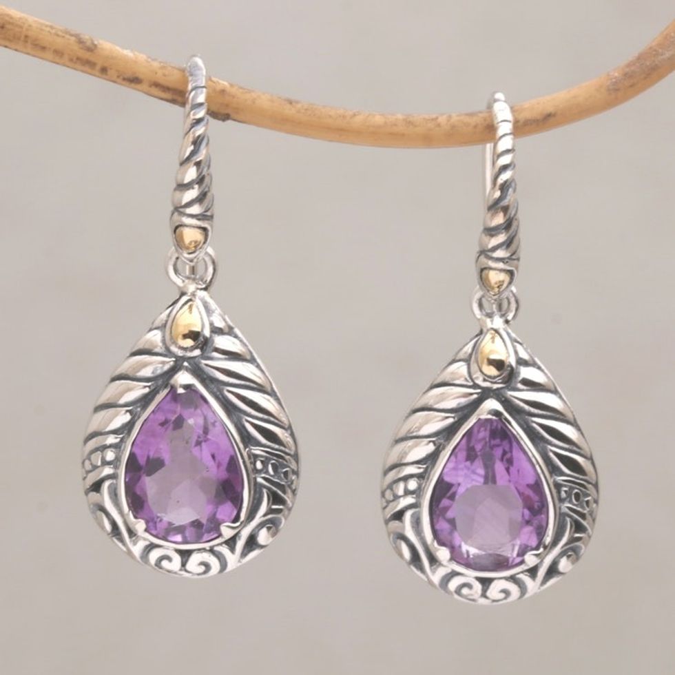 Balinese Gold Accent Amethyst Dangle Earrings 'Floral Amulet'