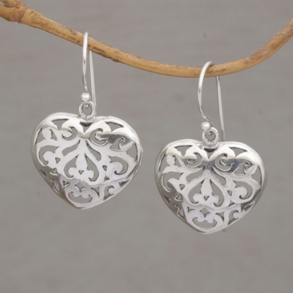 Handmade 925 Sterling Silver Heart Shaped Dangle Earrings 'Caged Heart'