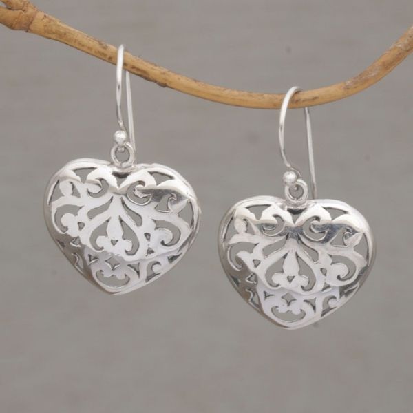 Alternate image for Handmade 925 Sterling Silver Heart Shaped Dangle Earrings Caged Heart