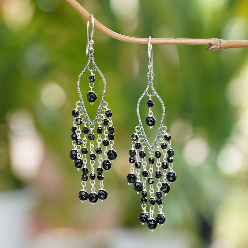 Sterling Silver and Onyx Chandelier Earrings from Bali 'Shadow Drops'