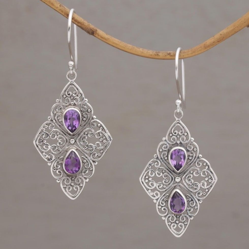 Amethyst and Sterling Silver Dangle Style Earrings 'Besakih Beauty'